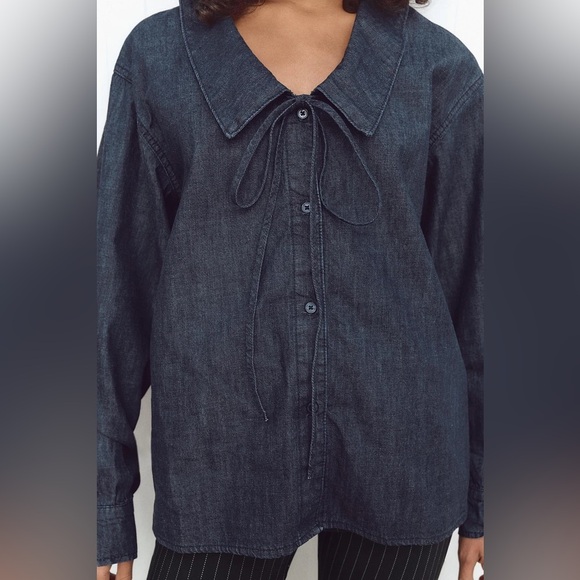 Zara Tops - Zara Indigo Bib Collar Denim Button Up Relaxed Shirt Size Large
